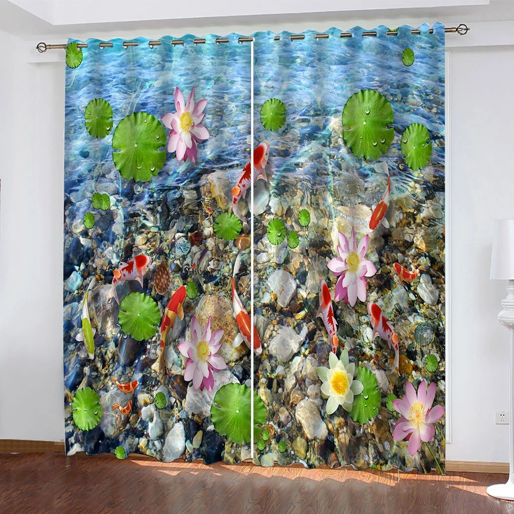 

3D Curtain Printing Blackout Clear Water Bottom Stone Goldfish Photo Drapery Fabric For Living Room Bedroom Window Decor