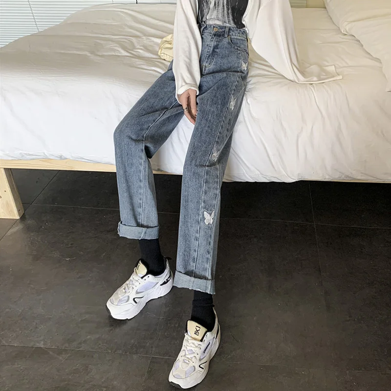 

Spring Light Blue Jeans Women's Straight Loose Chic High Waist Slimming 150 Small Fried Street Wide-Leg Pants