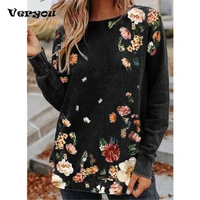 2021 elegant flower printed women shirt spring autumn long sleeve o neck pullover casual loose tee female long shirt women tops