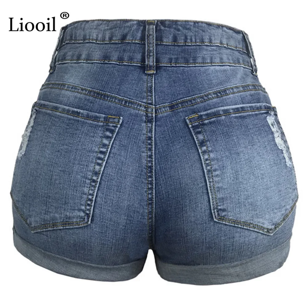 

Liooil Blue Ripped Jeans Shorts Women 2021 Streetwear Summer High Waist Cotton Jean Short With Button Pockets Sexy Denim Shorts