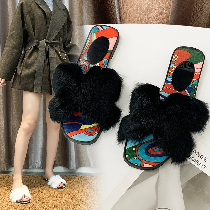 2019 г. модные женские меховые тапочки обувь из полихроматического материала