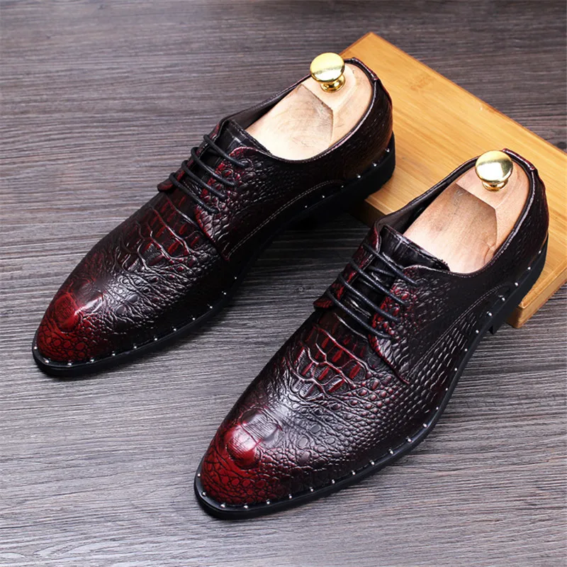 

Men's Crocodile Pattern Wedding Dress Leather Shoes Fashion Lace-Up Party Shoes Mens Business Office Oxfords Flats Size 40-45