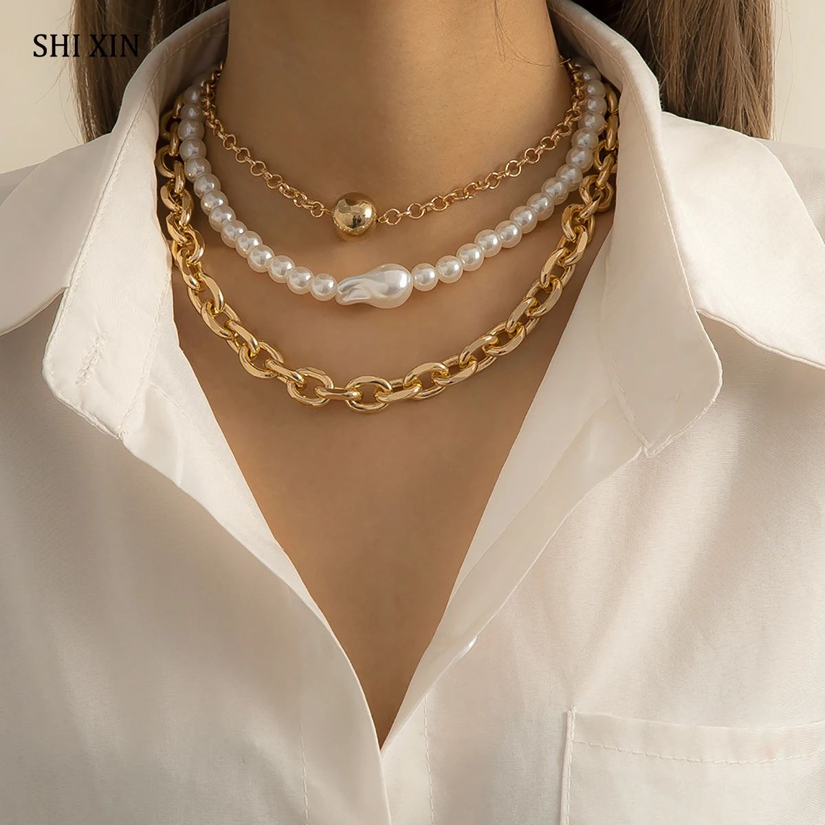 

SHIXIN 3 Pcs Elegant Baroque Pearl Choker Necklace for Women Vintage Thick Necklace Chain on Neck Jewelry Fashion Necklace 2021