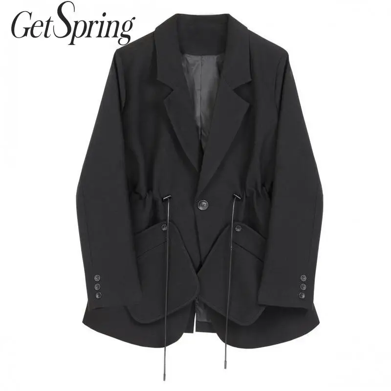 Женский Асимметричный Блейзер Getspring черный Универсальный винтажный на завязках