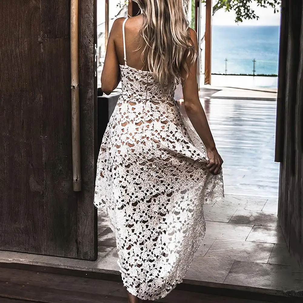 Женское летнее кружевное платье с открытой спиной и V образным вырезом|Женские