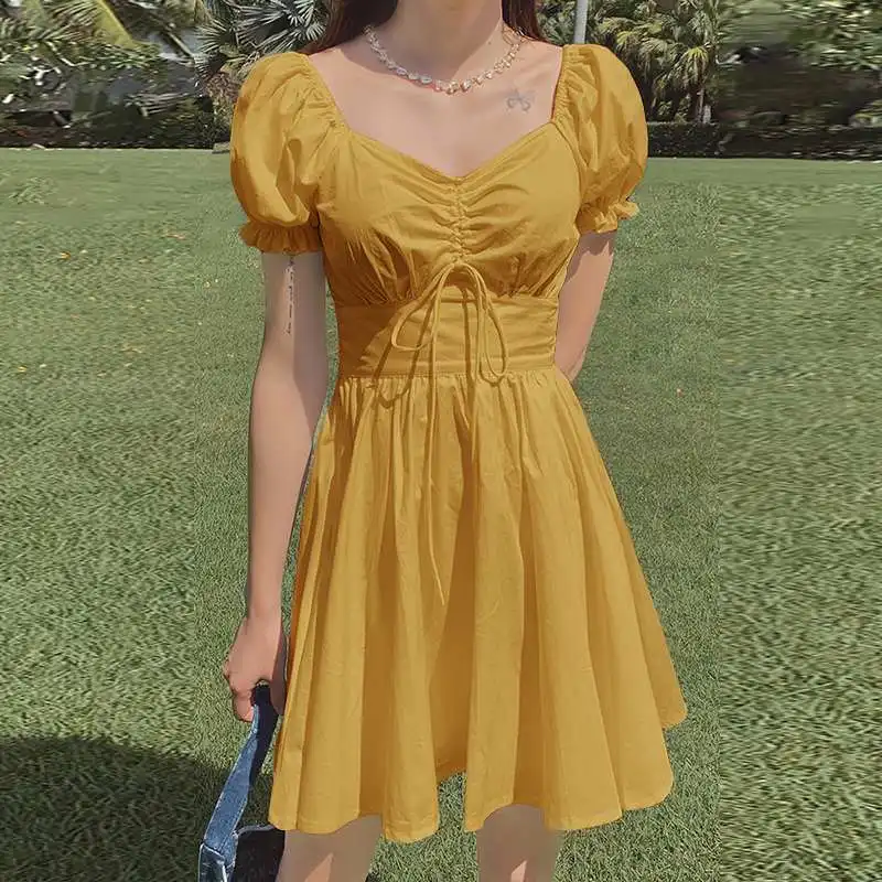 

Women Summer Dress 2021 VONDA Vintage Short Sleeve Flare Sleeve Square Neck Party Dress Solid Color Vestidos Casual Robe Femme