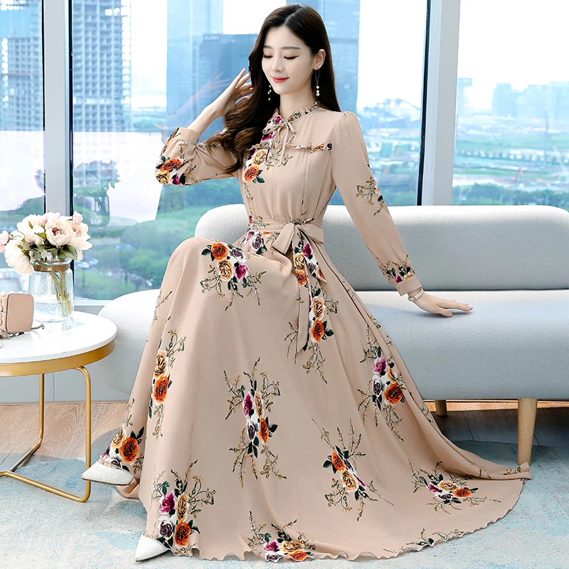 

Spring Autumn High Waist Slim Maxi Dress Vintage Printed Long Sleeve Plus Size Dresses for Women Clothes White Khaki Black