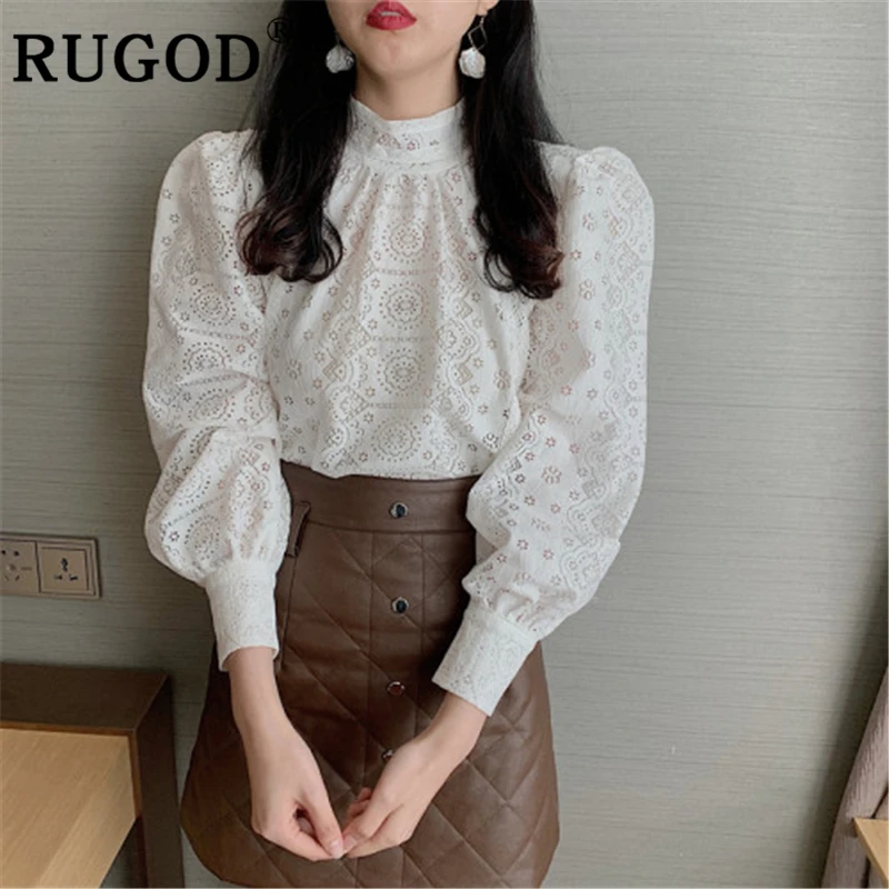 RUGOD элегантная кружевная женская блузка модная стоячий воротник рукав фонарик