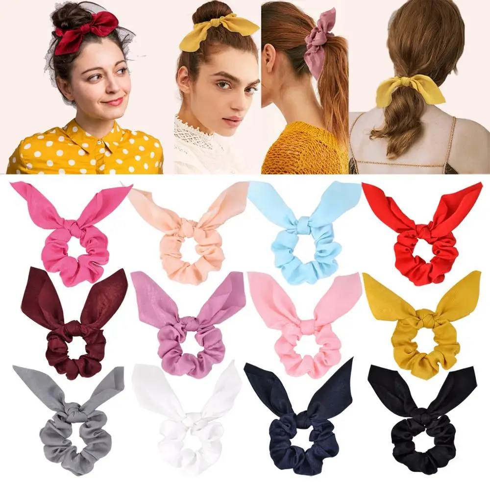 Ruoshui Cute Rabbit Ear Hair Ribbon Woman Solid Scrunchies Hair Ties Girls Ponytail Holders Rubber Band Hairband Ornaments