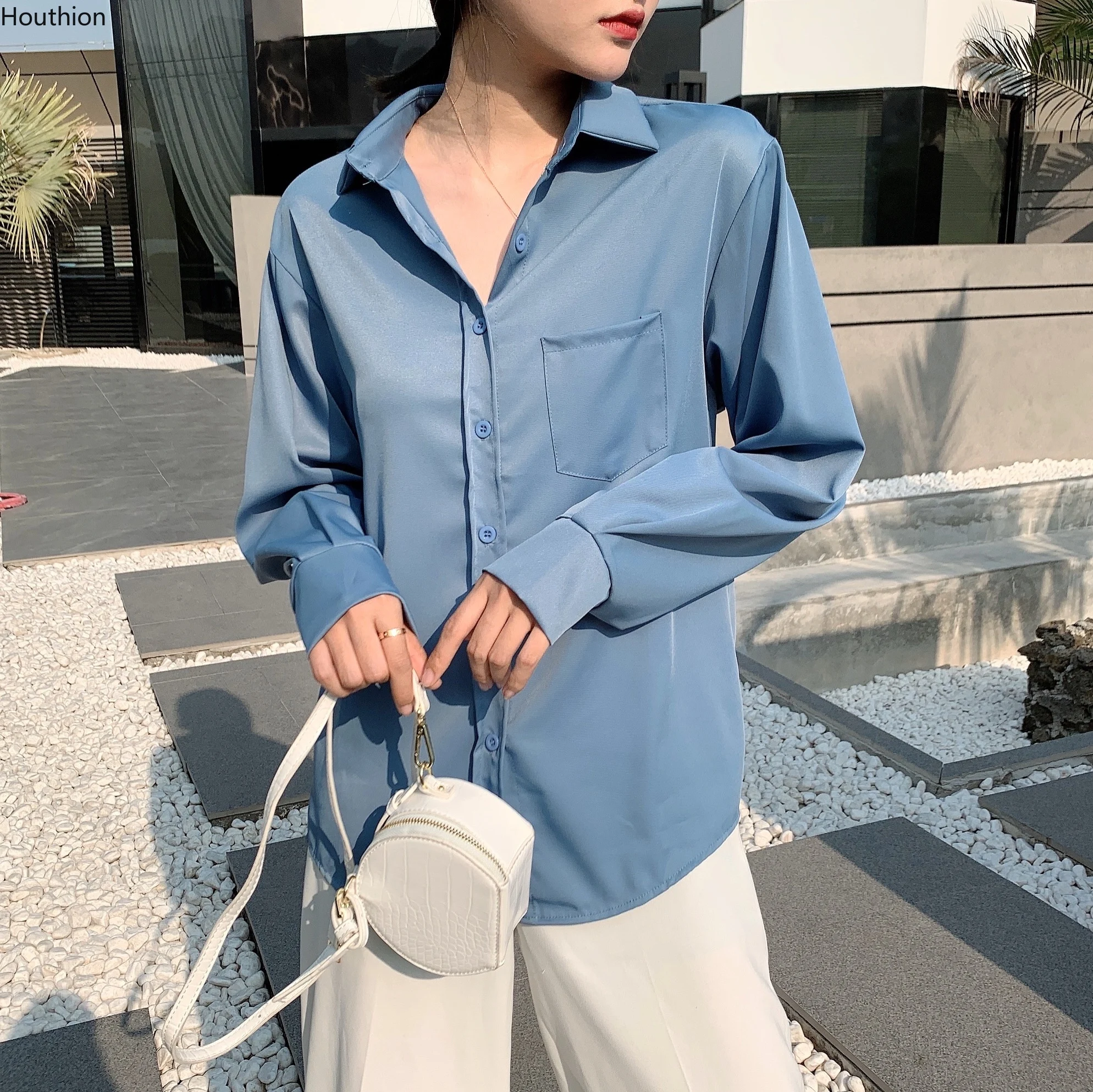 

Новинка блузки с длинным рукавом с лацканами Женская однотонная модная блузка на пуговицах женские топы Удобная Повседневная Корейская ру...