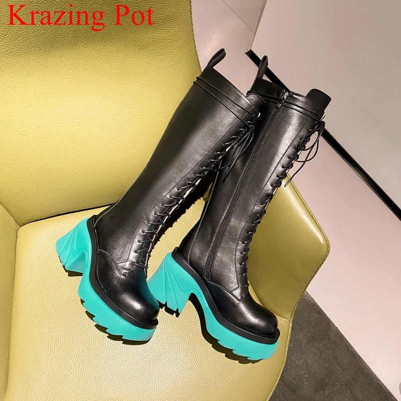 

Krazing Pot 2022 genuine leather platform round toe riding boots high heel warm winter shoes runway brand concise ankle boots