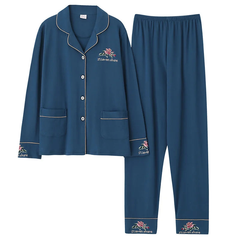 

Dark Blue Women Autumn&Winter 100% Cotton Pajama Suit Long Sleeve Simple Soild Loose Home Suit Plus Size Pajamas Set XL XXL XXXL