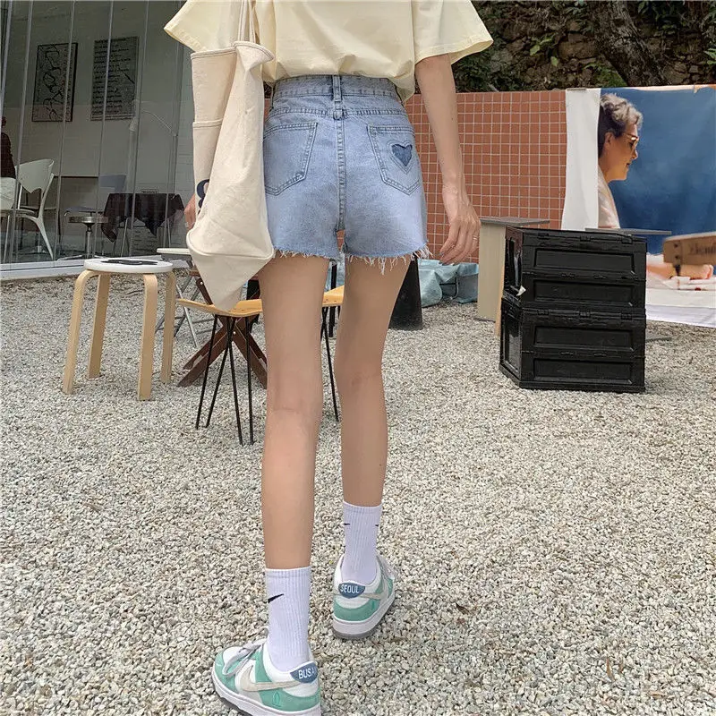 

New love denim shorts women's high waist Student Korean loose wide leg pants with holes showing thin and versatile hot pants