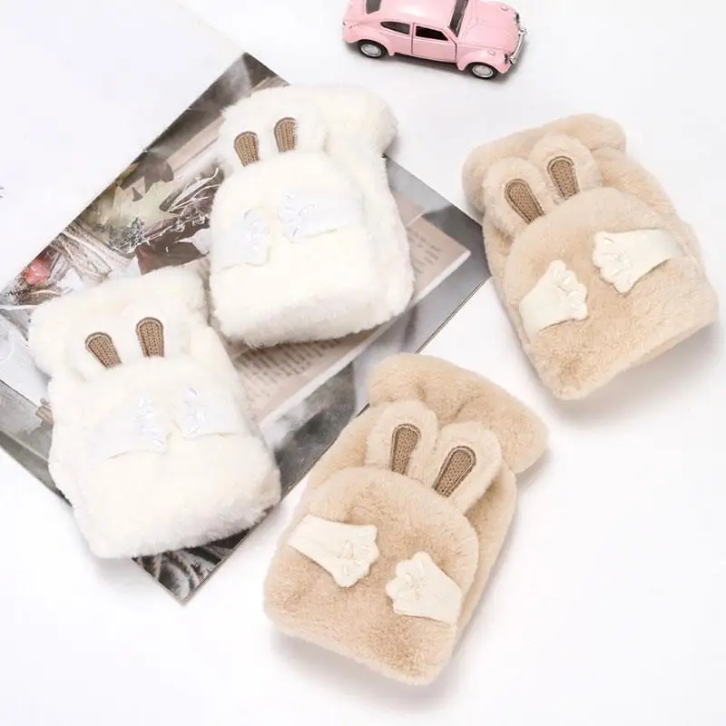 

Winter Flip Thick Furry Gloves Fleece Fingerless Gloves Cute Face-Covering Rabbit Half-Finger Gloves Soft Warm Faux Fur Mittens