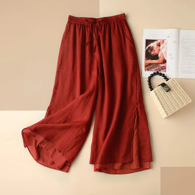 

SHUCHAN Cotton Ramie Woman Pants Calf-Length Pants Summer Casual Regular Elastic Waist Solid Wide Leg Pants