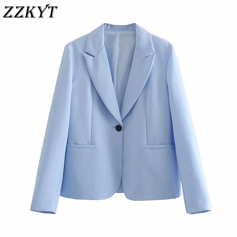 

ZZKYT 2021 Women Spring Fashion Blue Pockets Blazer Coat Vintage Notched Collar Long Sleeve Single Button Female Outerwear Tops