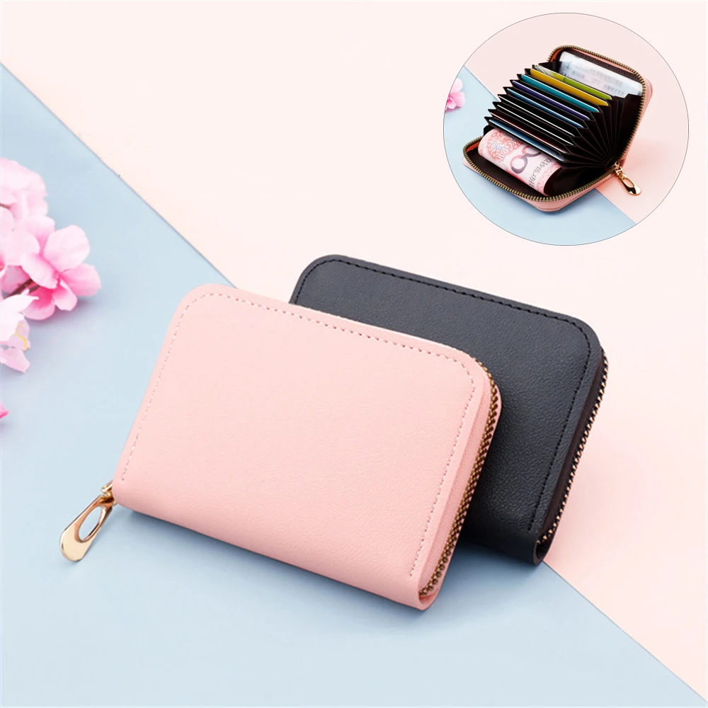 

Fashion Mini Simple PU Solid Color Organ Zipper Card Holder Multi-card Position ID Bag Multi-function Coin Purse Credit Card Bag