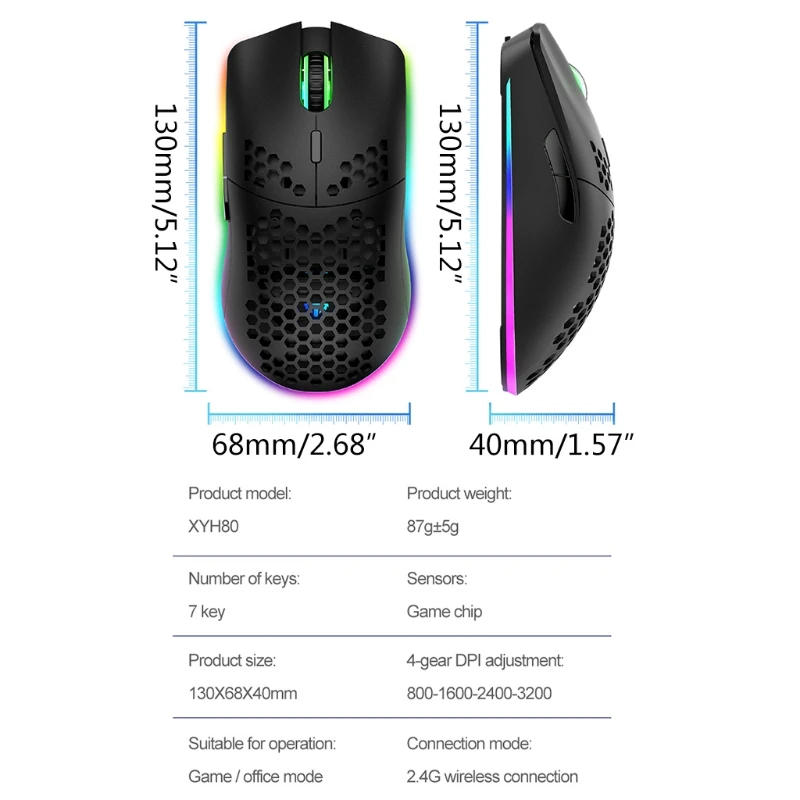

G32B XYH80 Hollow-out Honeycomb 2.4GHz Wireless Gaming Mouse 4 Gear 3200 DPI RGB Lighting Mice for PC Laptop