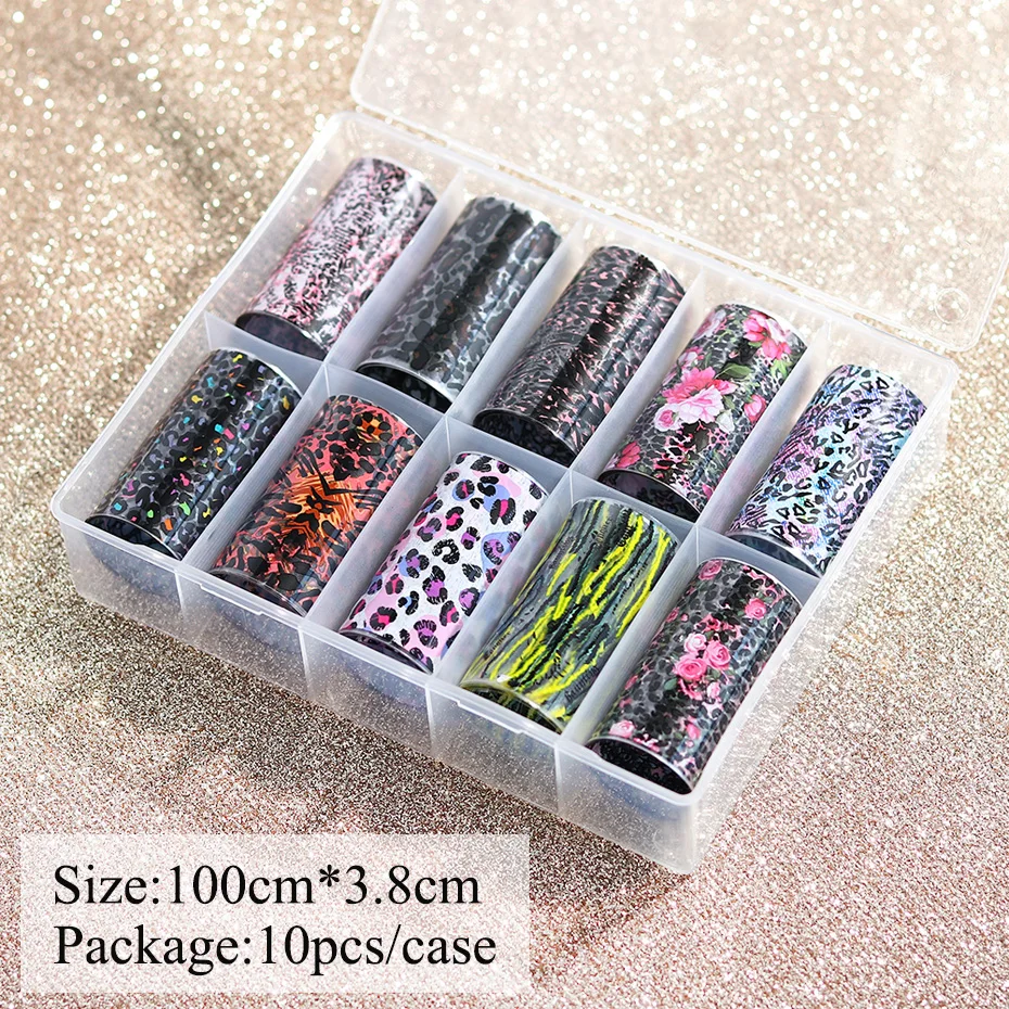 10 рулонов/коробка наклейки из фольги для ногтей леопардовый узор переводные