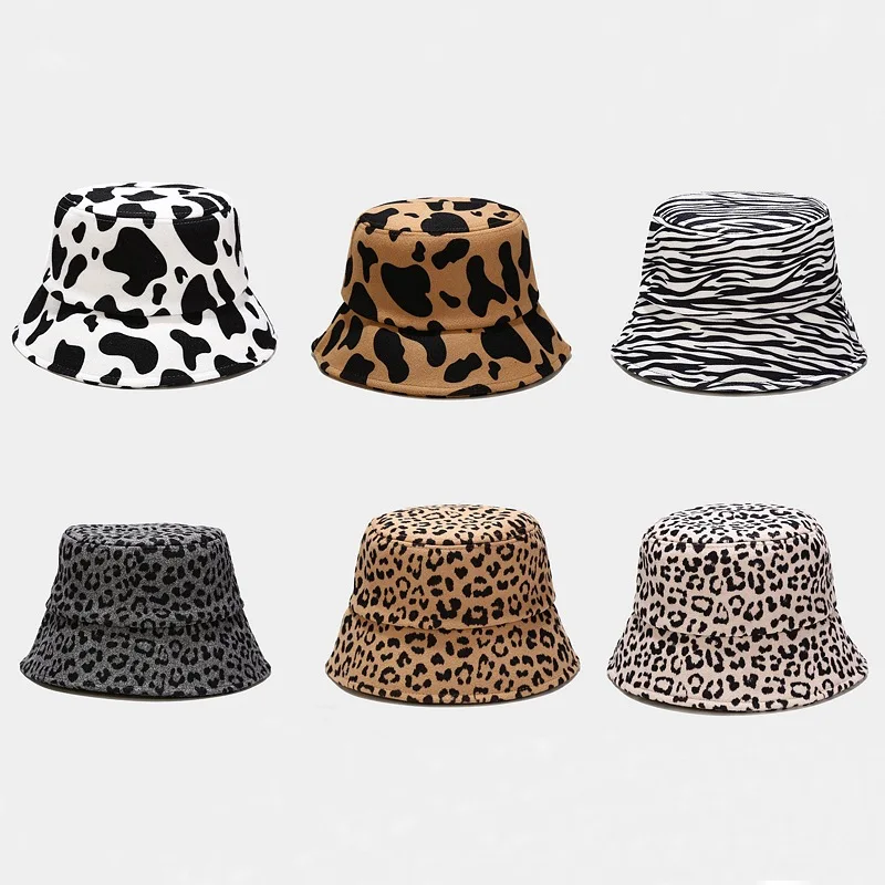 

Winter Thicken Warm Bucket Hat Men Women Wide Brim Sunscreen Hat Casual Zebra Stripes Leopard Cow Printed Packable Fisherman Cap