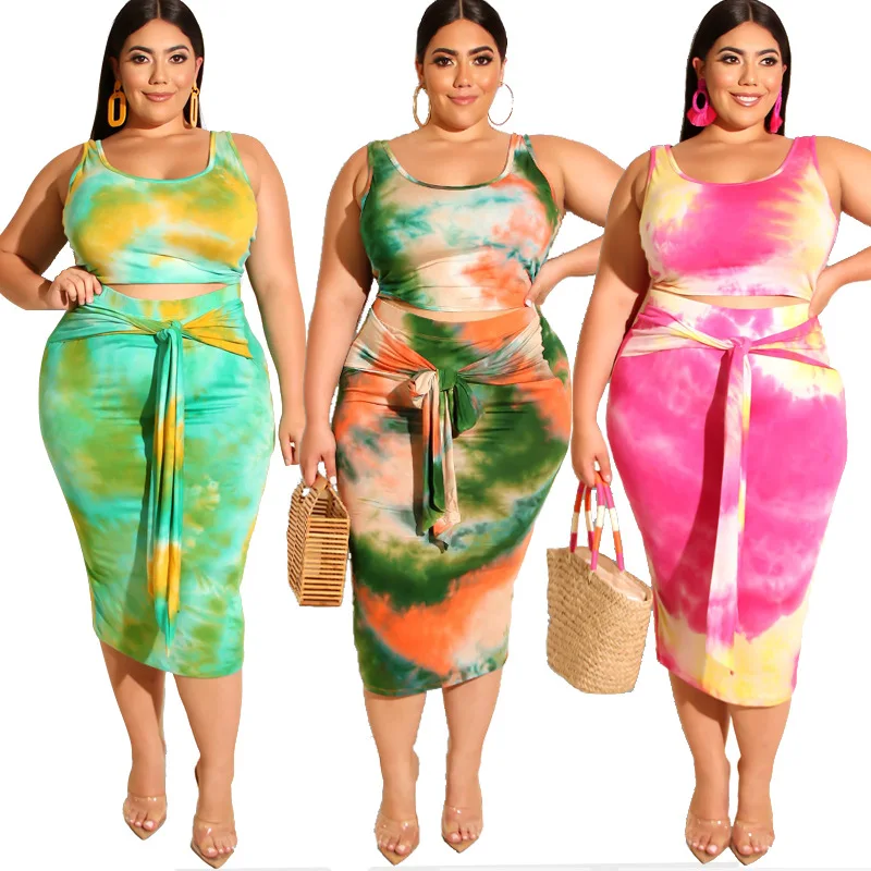 

Cross-Border Summer New Tie-Dye Printed Tight Hip Fashion Casual Suit Large Size Dress Two-Piece Set Plus Size Women's Clothing