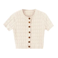 perhaps u beige button knitted top short cropped short sleeve crew neck solid summer sexy casual b0694
