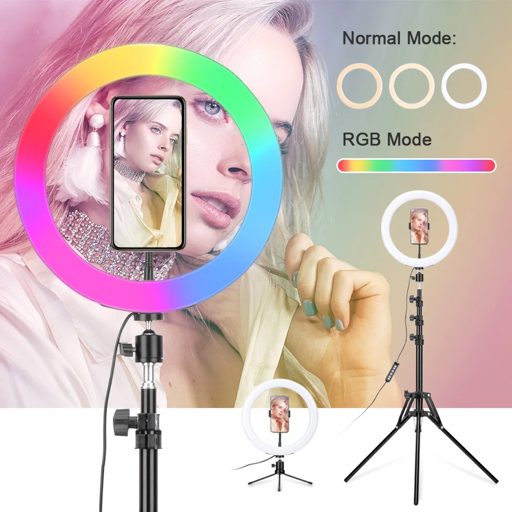 

RGB Photography LED Selfie Ring Light 26cm 7-speed Stepless Lighting Dimmable With Tripod For Makeup Video Live Studio