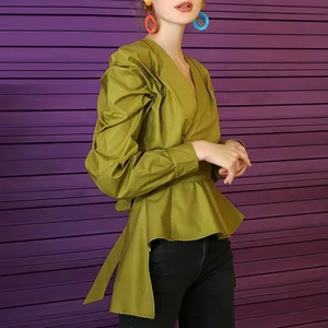 Женская блузка с V-образным вырезом, с длинным рукавом