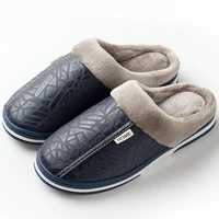 mens winter slippers plus size pu leather waterproof warm home women fur slipper male couple platform slides indoor shoes