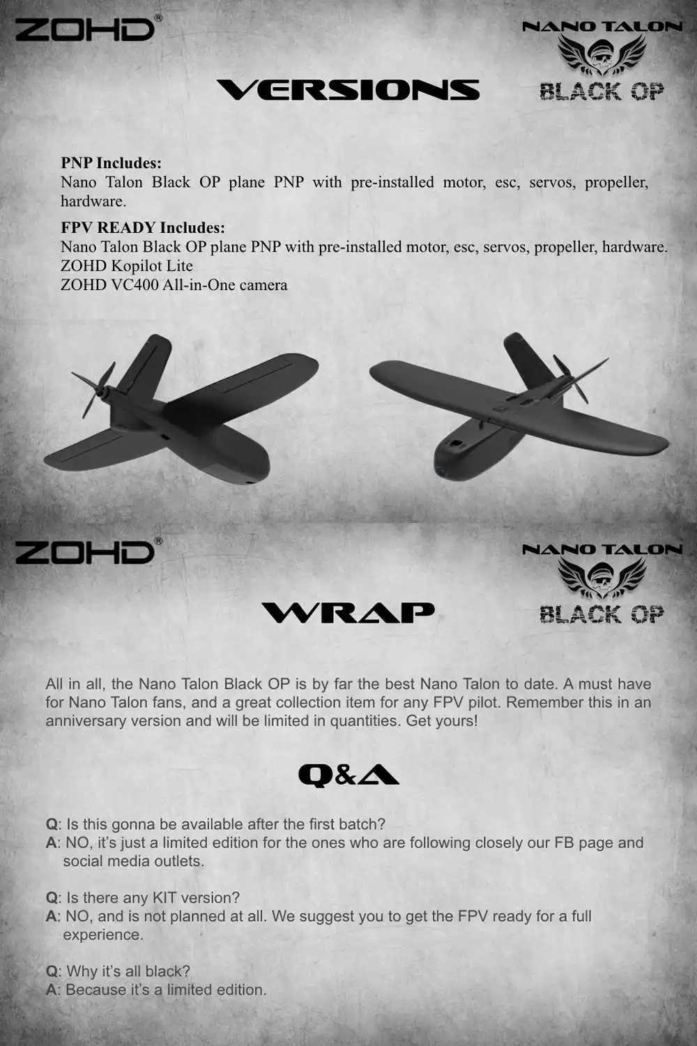 ZOHD Talon черный/белый OP 860 мм размах крыльев AIO V-Tail EPP FPV крыло RC самолет PNP w/FPV готов Ограниченная серия гироскоп