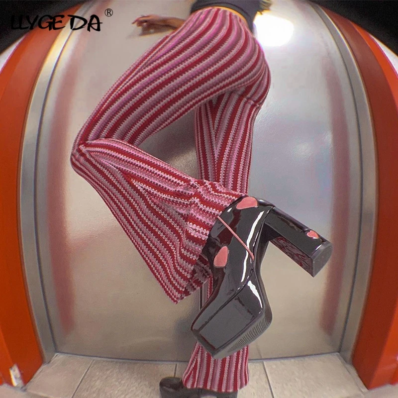 

Y2K Long Flare Pants Women 2021 Summer Striped Print Purple Red Trouser Lady Vintage Wide Leg Fashion High Waist Casual Trousers