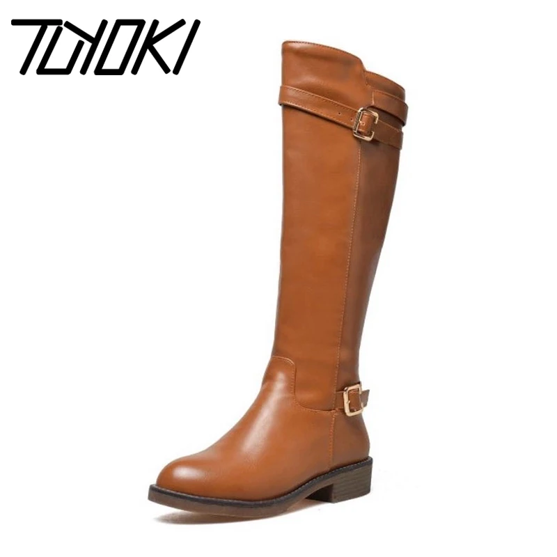 

Tuyoki 2020 Winter Women Knee High Boots Buckle Zipper Low Heels Straight Boots Classics Style Woman Shoes Footwear Size 32-43