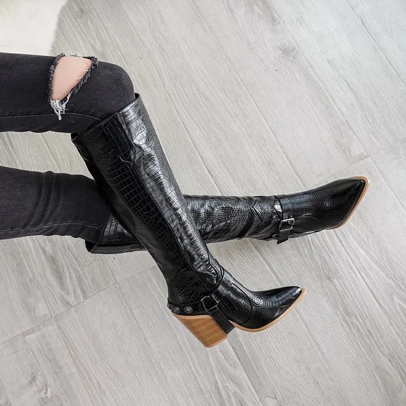 Женские сапоги до колена с острым носком и пряжкой большие размеры | Обувь