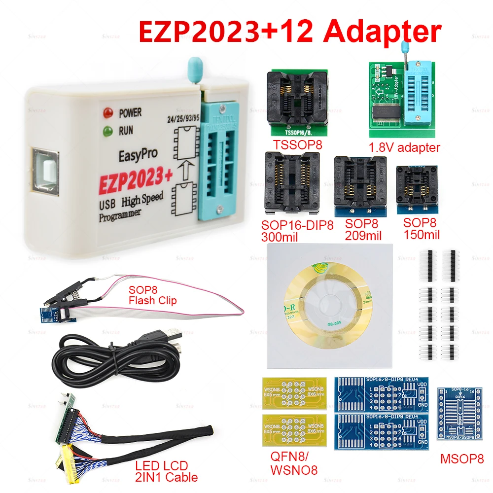 USB-программатор EZP2023 полный комплект + 12 адаптеров поддержка 24 25 93 95 EEPROM флеш-Bios для