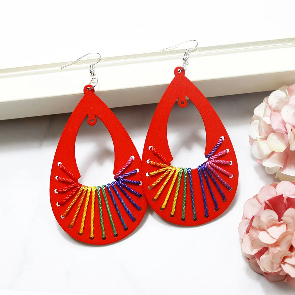 New Fashion Leaf Heart Flower Geometric Red Wooden Earrings Boho Vintage Long Tassel Drop Women Girl Gifts Jewelry |