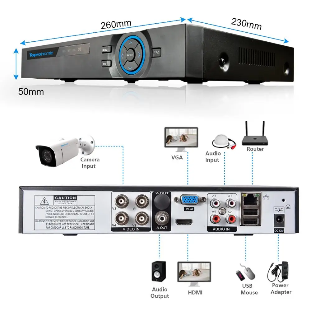 TOPROHOIME h.265 + 4CH 5MP Система охранной камеры 1/3 ''Sony CCD Водонепроницаемая наружная
