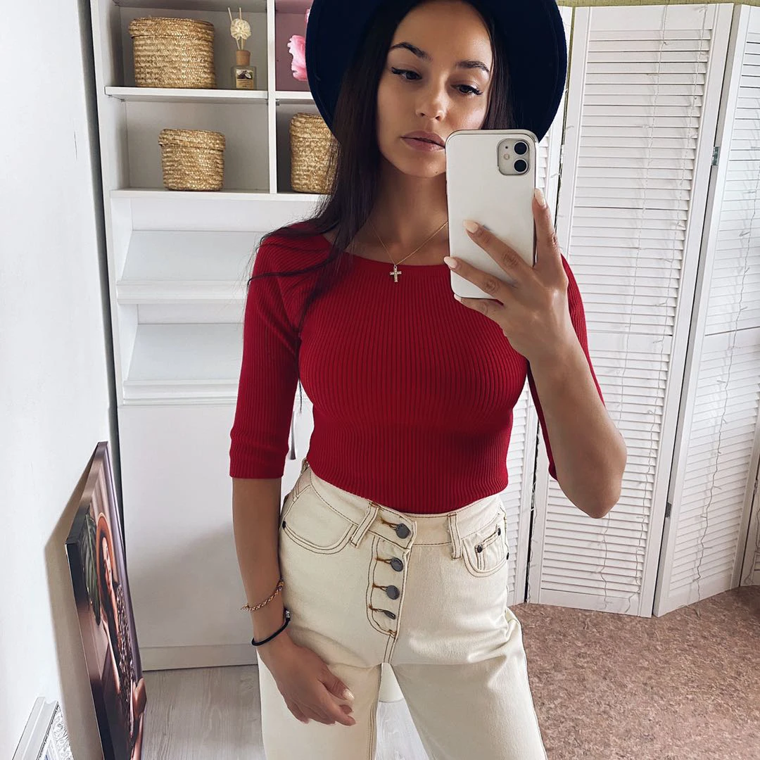 Свитер женский трикотажный GIGOGOU осенне-весенние пуловеры с открытыми плечами и