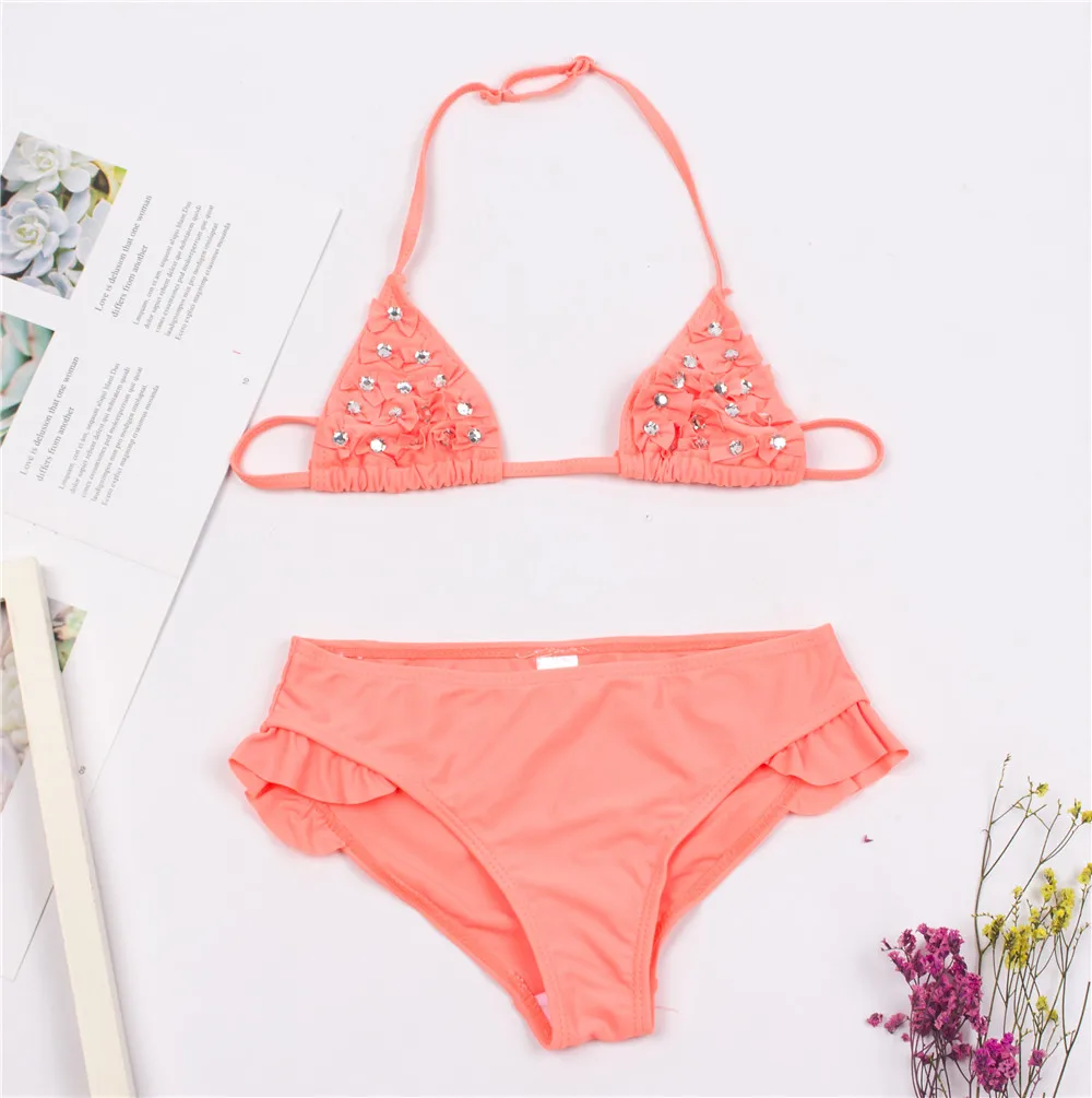 Однотонные Детские бикини с оборкой для девочек детский купальник украшением из