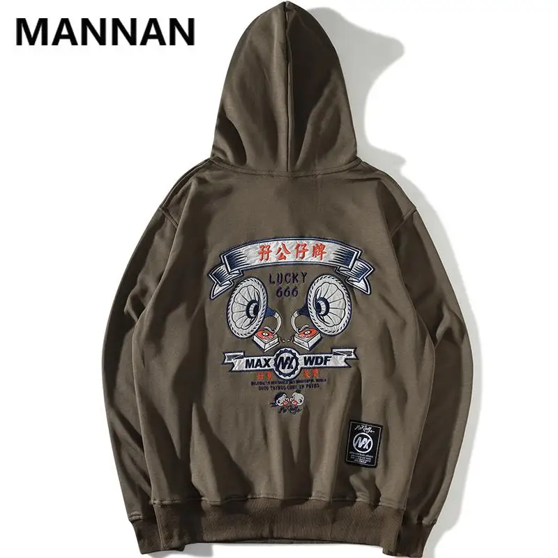 MANNAN симфония вышитые толстовки с капюшоном Мужские Осень Harajuku Уличная Повседневная хлопковая пуловер Модные толстовки - Цвет: Khaki