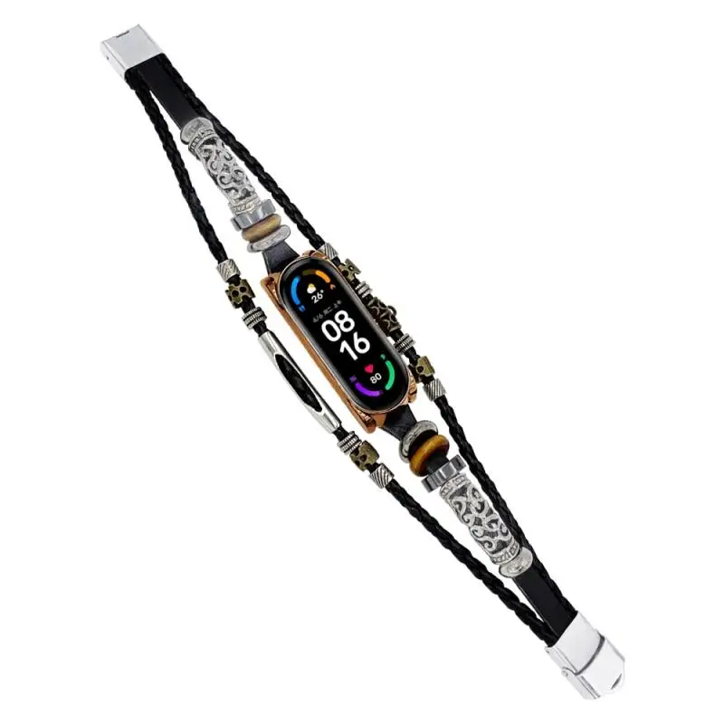

Fashion Vintage Leather Bracelet For Mi Band 5 6 Wristband Watch Straps Replacement Beading Bracelet Mi Band 5 6 Weave Rope Band