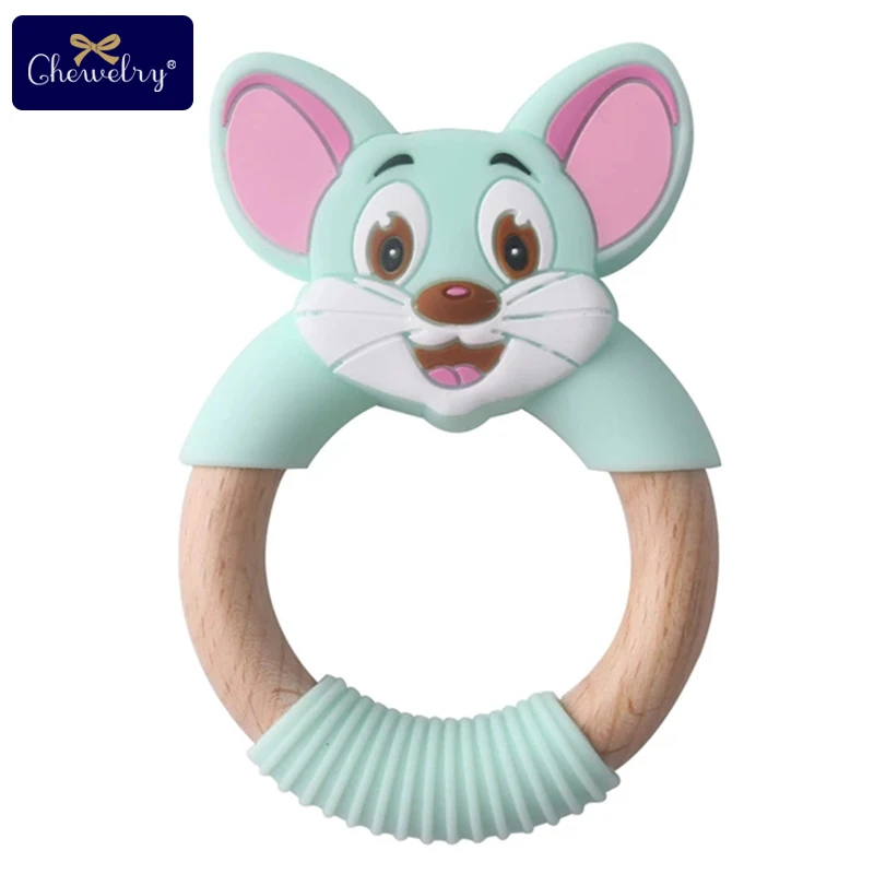 Mint Mouse 1 шт. Детские Прорезыватели силиконовая мышь грызуны Силиконовые Прорезыватели деревянное кольцо деревянный Прорезыватель коляска белка для детей товары игрушки - Цвет: Mint Mouse