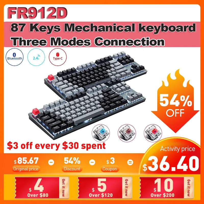 Беспроводная механическая клавиатура RF912D с 87 клавишами проводная игровая тремя