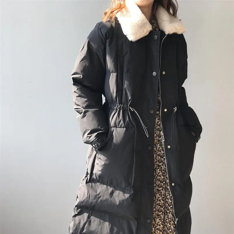 2022 New Long Winter Jacket and Coat for Women Casual Cotton Padded Warm Rabbit Fur Collar Black Mujer Parkas Female Clothing