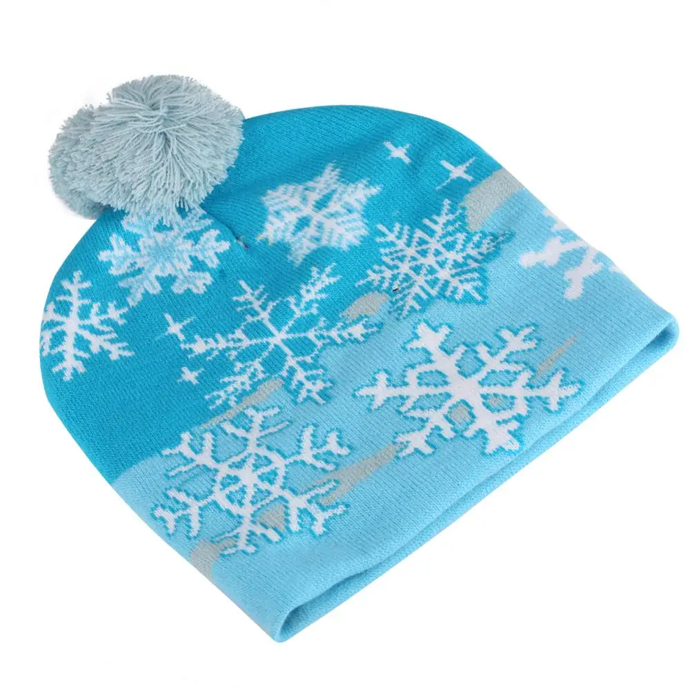 Синяя вязаная шапка со снежинками с шариком светодиодный белый светильник