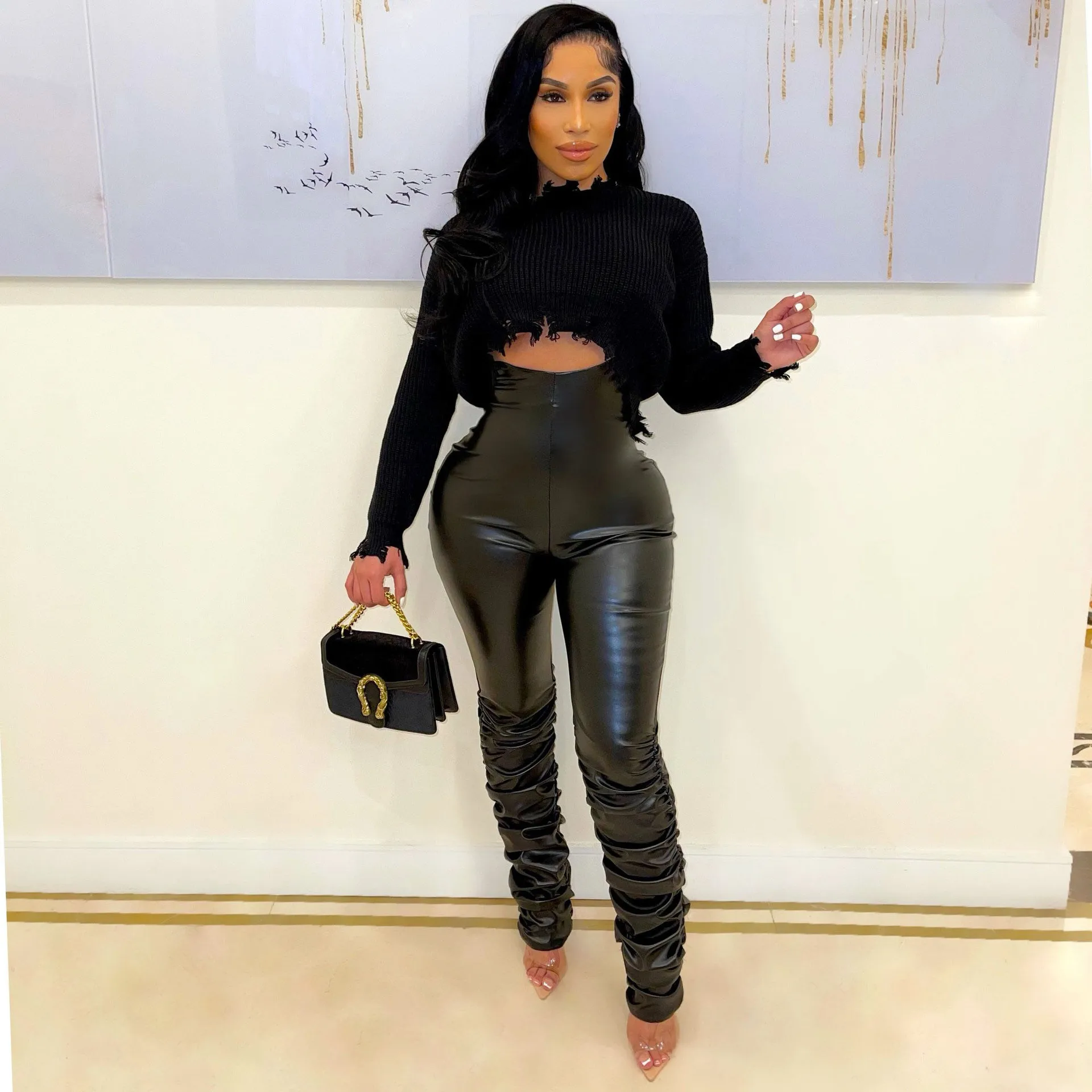 

Ruched Ruffles Sweaters Women Tops Long Sleeve Knitted Pullover Half Neck Fall Winter 2021 Street Style Jumpers Clothing Fashion
