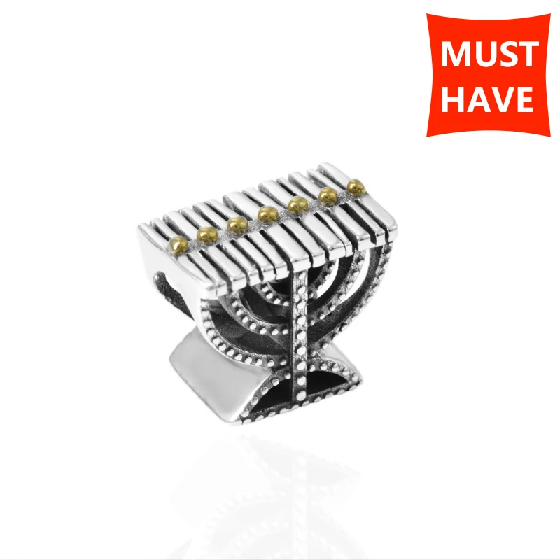 100% Серебро 925 пробы шармы Menorah Религиозные еврейские Полые бусины подходит для