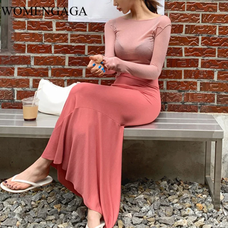 

WOMENGAGA Korea 2020 Summer And Autumn Models Drape Comfortable Hip Trumpet / Mermaid Long Elasticity Ruffle Skirt PFOM