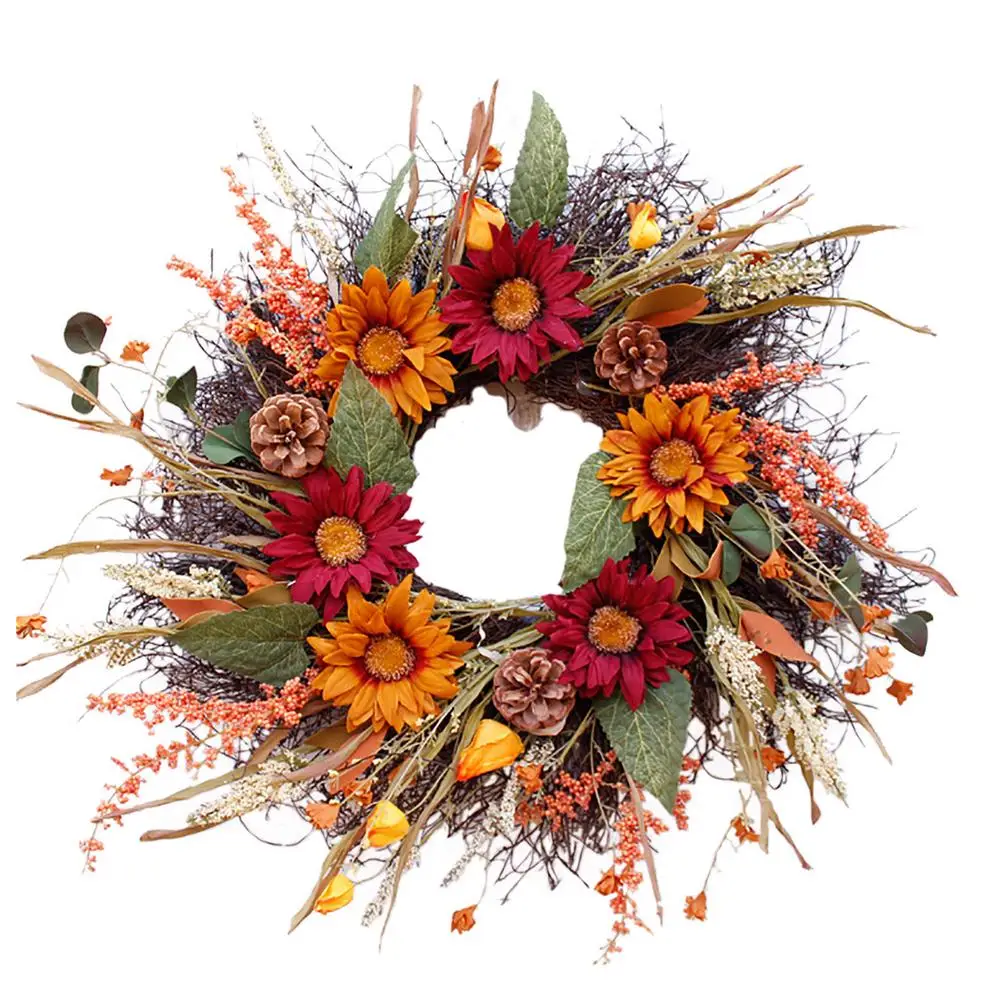 

Осенний венок с тыквой для входной двери, искусственные ягодицы, Подсолнухи, осень, урожай, праздничный декор, искусственный цветочный вено...