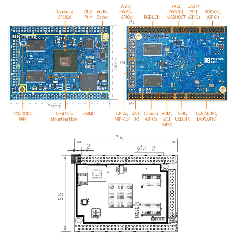 Smart6818   S5P6818 Cortex-A53 2    16     eMMC  / Ethernet    Android