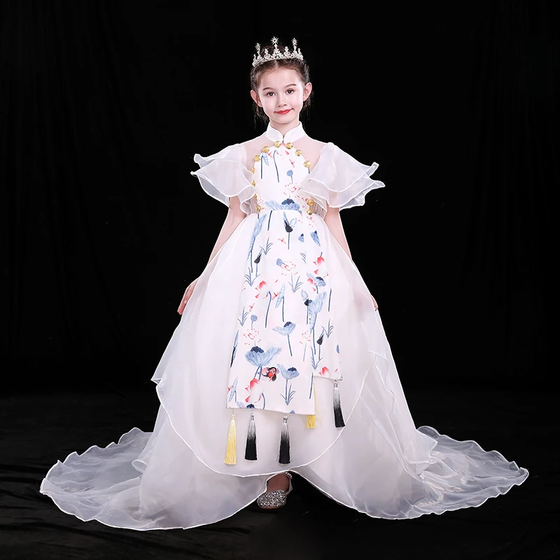

Chinese Style Lotus Long Trailing Flower Girl Dress Stand Collar Tassel Ball Gown For Birthday Party Piano Performance